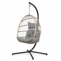 Hängesessel mit Gestell PE Rattan Stahl Polyesterkissen Eiform Naturbeige Schwarz Grau 105 x 105 x 195 cm