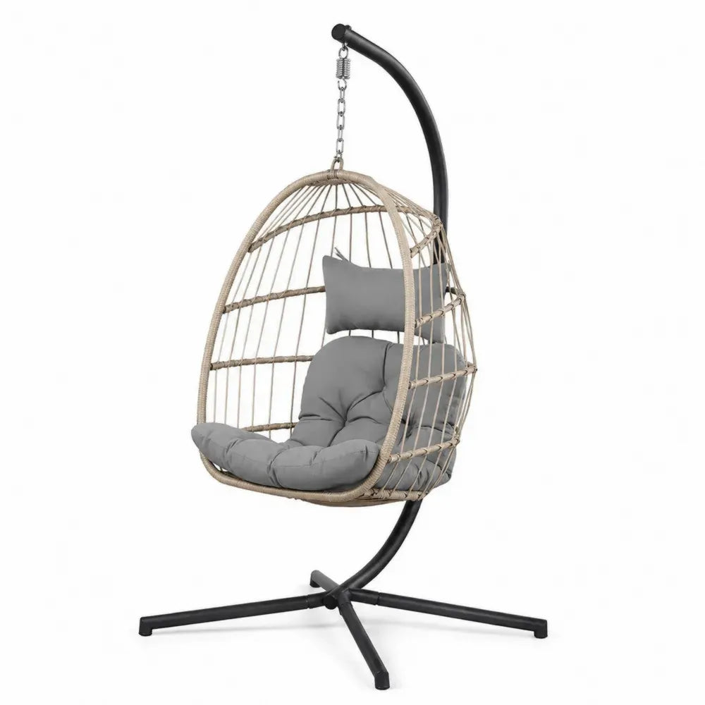 Hängesessel mit Gestell PE Rattan Stahl Polyesterkissen Eiform Naturbeige Schwarz Grau 105 x 105 x 195 cm