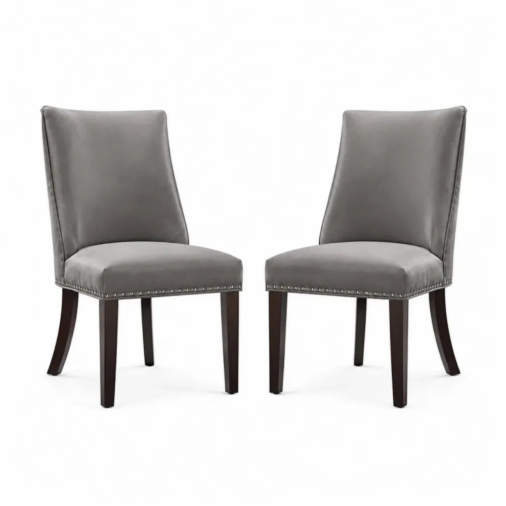 2er Set Esszimmerstühle Polsterstühle Polyester-Samt Gummibaum Massivholz rechteckig Grau Dunkelbraun 52 x 62 x 96 cm