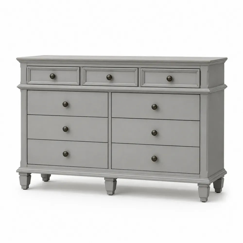 Kommode Sideboard mit 9 Schubladen rechteckig lackiertes MDF Gummibaum-Massivholz Grau Antikbronze 150 x 45 x 90 cm