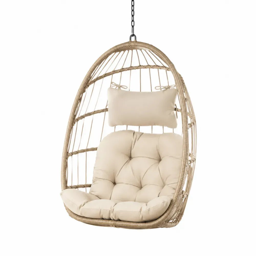 Hängesessel Korb 1 Stück aus PE-Rattan mit Stahlrahmen Stahlkette und Polyesterpolster Naturbeige Creme Schwarz 85 x 72 x 120 cm