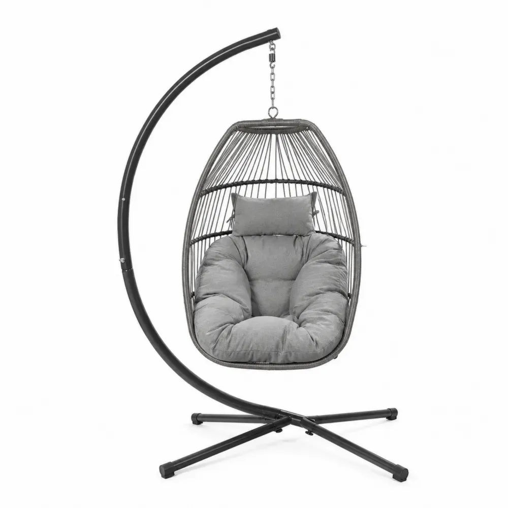 Hängesessel mit Gestell PE Rattan Stahl Polyesterkissen Eiform Grau Schwarz 105 x 105 x 195 cm