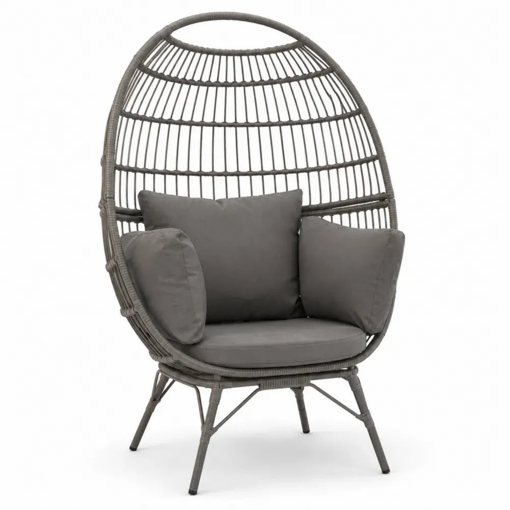 Garten Loungesessel Eiform PE Rattan Stahlgestell Polyesterkissen Grau Schwarz 100 x 88 x 150 cm