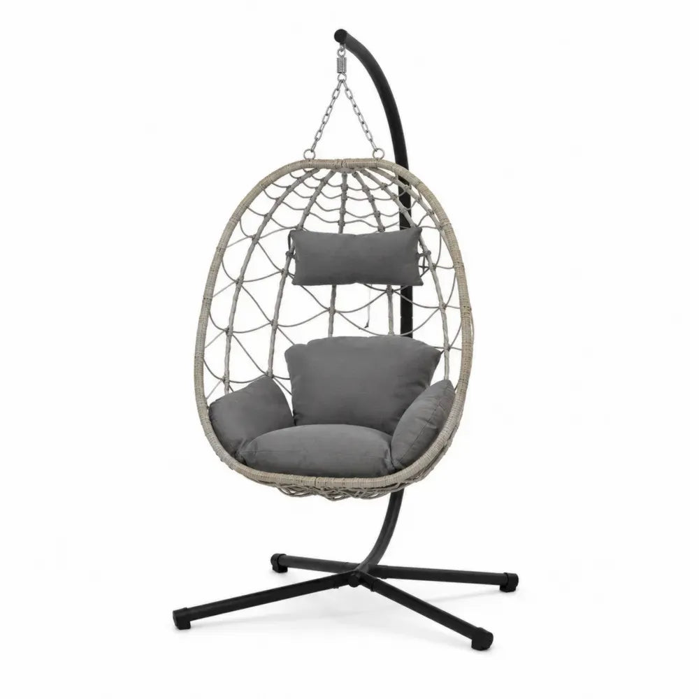 Hängesessel mit Gestell Netzgeflecht PE Rattan Stahl Polyesterkissen Eiform Naturgrau Grau Schwarz 105 x 105 x 195 cm