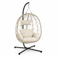 Hängesessel mit Gestell 105 x 105 x 195 cm PE-Rattan pulverbeschichteter Stahl Polyesterkissen Eiform Naturbeige Creme Schwarz Silberfarben