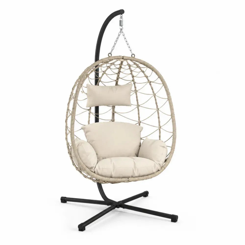 Hängesessel mit Gestell 105 x 105 x 195 cm PE-Rattan pulverbeschichteter Stahl Polyesterkissen Eiform Naturbeige Creme Schwarz Silberfarben