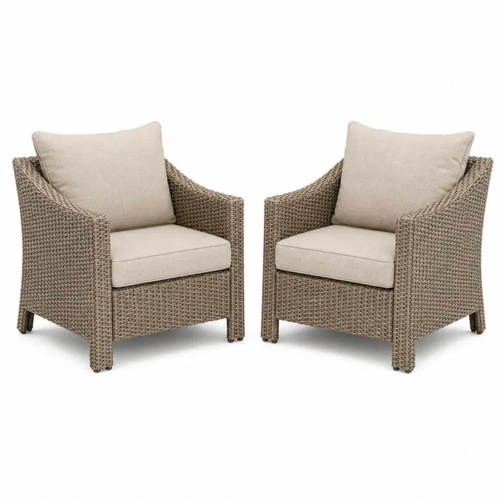 Garten Loungesessel 2er Set mit Armlehnen aus PE-Rattan mit Stahlgestell und Polyesterkissen Naturbeige Beige je 72 x 76 x 84 cm