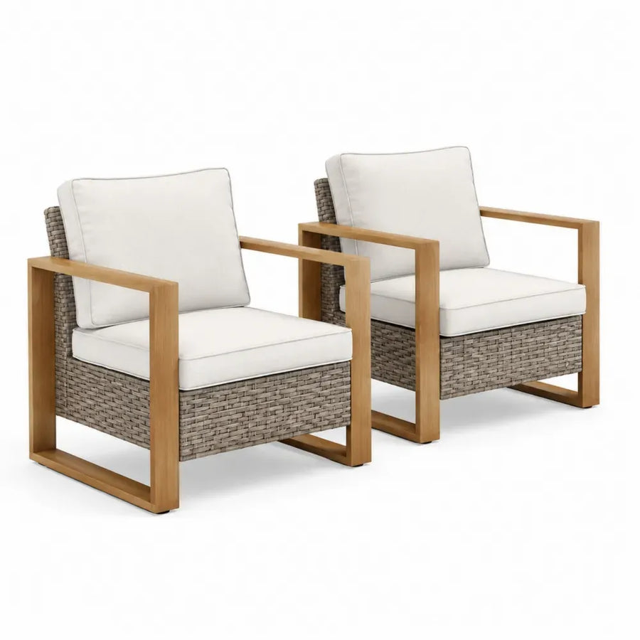 Gartensessel 2er Set Loungesessel Akazienholz PE Rattan Polyesterkissen rechteckig Naturbraun Beige Taupe 78 x 78 x 80 cm