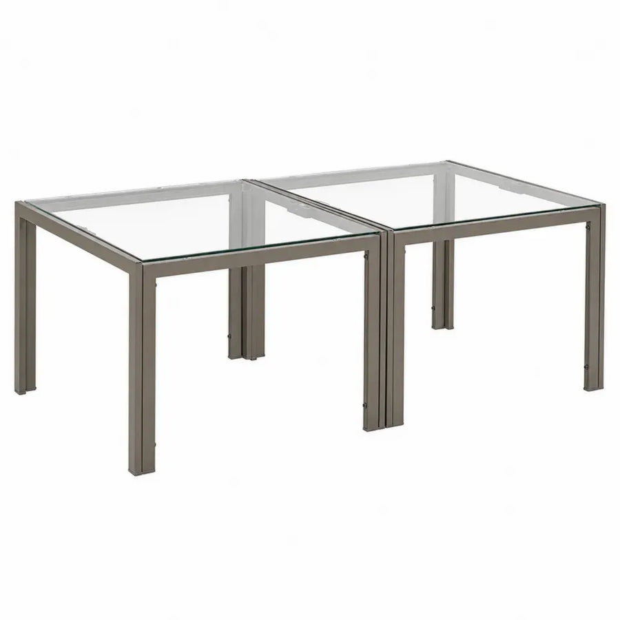 2er Set Gartentische Esstische je 80 x 80 x 74 cm gehärtete Glasplatte pulverbeschichtetes Aluminium quadratisch Taupe-Grau Transparent