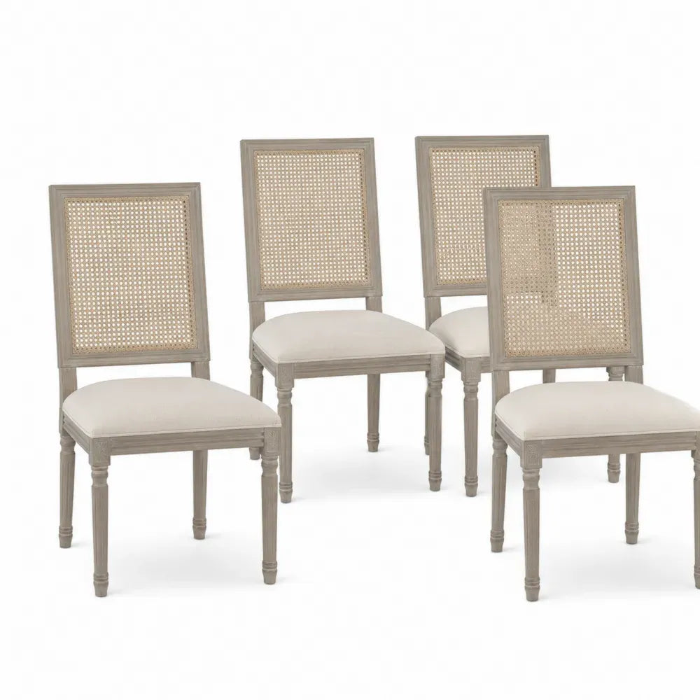 4er Set Esszimmerstühle Polsterstühle mit Rattan-Rückenlehne 50 x 58 x 96 cm Gummibaum-Massivholz Polyestergewebe Grau Beige Natur