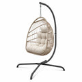 Hängesessel mit Gestell PE Rattan Stahl Polyesterkissen Eiform Naturbeige Schwarz Creme 105 x 105 x 195 cm